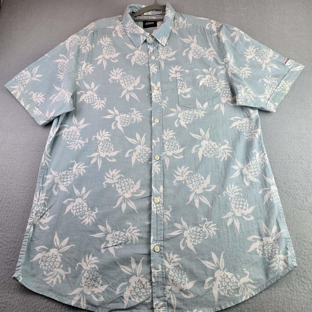 Hudson Hawaiian Shirt XL Light Blue White Pineapple Print 100% Cotton Aloha Boat
